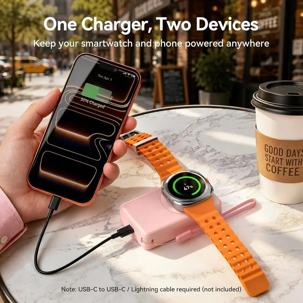 Pink Samsung Galaxy Watch Charger 4000mAh Power Bank Magnetic Wireless 2-in-1